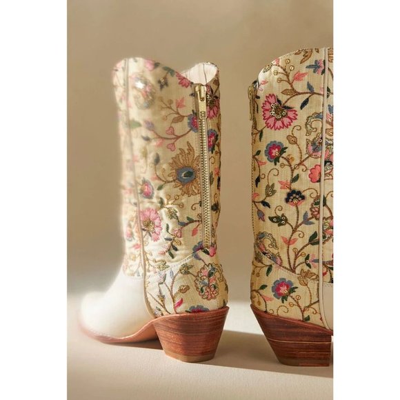CREAM LEATHER BLACK EMBROIDERED WESTERN BOOTS X ANTHROPOLOGIE
